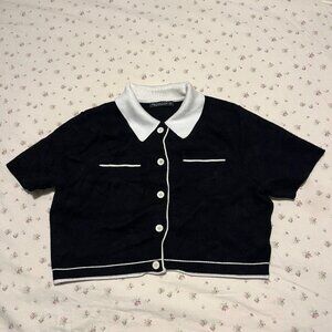 Emerson Lang Cardigan Black Short Sleeve Contrast Collar Small Preppy Old Money